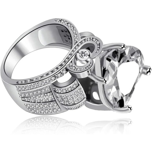 Platinum Plated Big Love Heart  Cubic Zirconia Wide Cluster Architecture Rings - Picture 5 of 7